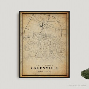 Impression de carte vintage de Greenville, affiche de carte rétro de Greenville, carte de Style ancien, Caroline du Nord, bureau, cadeau d'anniversaire de pendaison de crémaillère | VU347