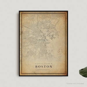 Impression de carte vintage de Boston, affiche de carte rétro de Boston, carte de Style ancien, Massachusetts, art mural bureau, cadeau d'anniversaire de pendaison de crémaillère | VU24
