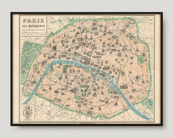 1905 Paris Ses Monuments. Guide Pratique Du Visiteur, Antique Map of Paris, Old Historical Map of Paris, Paris City Map | MP408