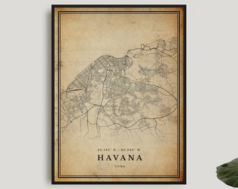 Havana Vintage Map Print, Havana Retro Map Poster, Antique Style Map, Cuba, Office Wall Art, Housewarming Birthday Gift | VW315