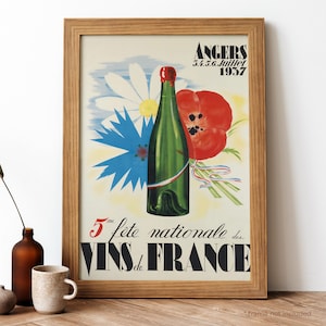 Wine with Flowers Vintage Poster, French Beverage Retro Print, French Beverage Antique Print, Food & Drink Vintage Poster | FD42