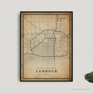 Impression de carte vintage Lubbock, affiche de carte rétro Lubbock, carte de Style ancien, Texas, art mural bureau, cadeau d'anniversaire de pendaison de crémaillère | VU84