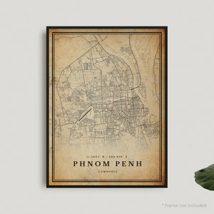Impression de carte vintage de Phnom Penh, affiche de carte rétro de Phnom Penh, carte de style ancien, Cambodge, oeuvre d'art murale de bureau, cadeau d'anniversaire de pendaison de crémaillère | VW226