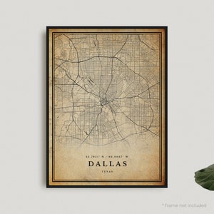 Impression de carte vintage de Dallas, affiche de carte rétro de Dallas, carte de Style ancien, Texas, art mural bureau, cadeau d'anniversaire de pendaison de crémaillère | VU09+