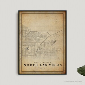 Impression de carte vintage North Las Vegas, affiche de carte rétro North Las Vegas, carte de Style ancien, Nevada, bureau, cadeau d'anniversaire de pendaison de crémaillère | VU96