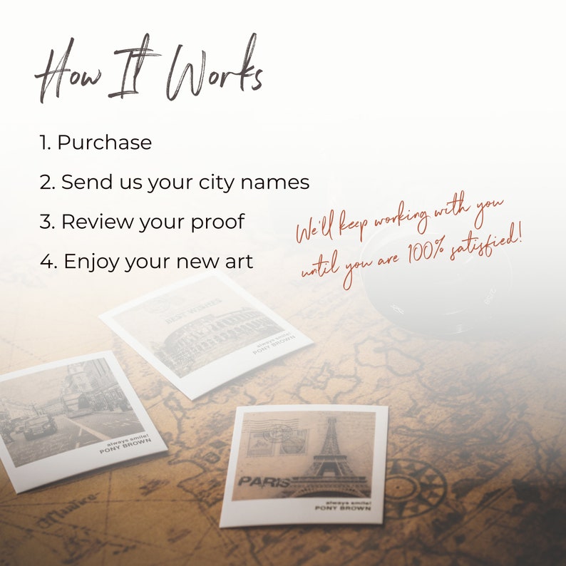 May include: How It Works: A step-by-step guide to creating custom city art prints. Purchase, send city names, review proof, and enjoy your new art. We'll keep working with you until you are 100% satisfied!