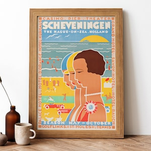 Poster vintage di Scheveningen, stampa retrò di Scheveningen, poster di viaggio olandese vintage / TR196