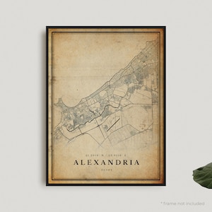 Impression de carte vintage d'Alexandrie, affiche de carte rétro d'Alexandrie, carte de style ancien, Égypte, oeuvre d'art murale de bureau, cadeau d'anniversaire de pendaison de crémaillère | VW154