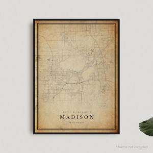 Impression de carte vintage Madison, affiche de carte rétro Madison, carte de Style ancien, Wisconsin, art mural bureau, cadeau d'anniversaire de pendaison de crémaillère | VU83