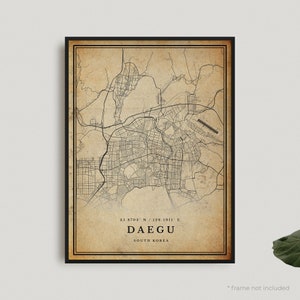 Impression de carte vintage de Daegu, affiche de carte rétro de Daegu, carte de style ancien, Corée du Sud, oeuvre d'art murale de bureau, cadeau d'anniversaire de pendaison de crémaillère | VW304