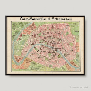 1911 Paris Monumental Et Métropolitain, Antique Map of Paris, Old Historical Map of Paris, Paris City Map | MP407