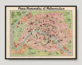 1911 Paris Monumental Et Métropolitain, Carte Antique de Paris, Ancienne Carte Historique de Paris, Carte de la ville de Paris | MP407