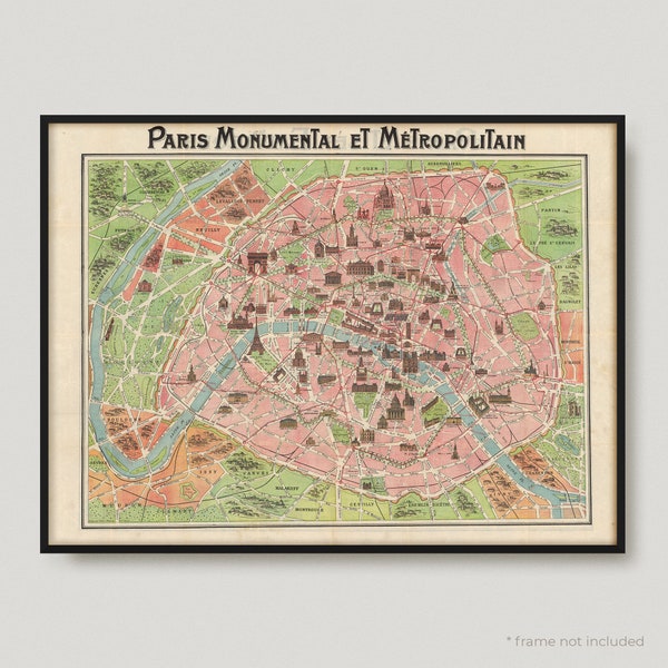 1911 Paris Monumental Et Métropolitain, Carte Antique de Paris, Ancienne Carte Historique de Paris, Carte de la ville de Paris | MP407