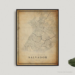 Impresión de mapa vintage de Salvador, póster de mapa retro de Salvador, mapa de estilo antiguo, Brasil, arte de pared de oficina, regalo de cumpleaños de inauguración de la casa / VW283