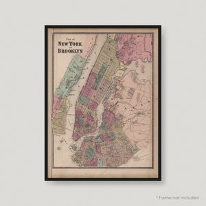 1867 Plattegrond van New York en Brooklyn, antieke kaart van New York en Brooklyn, oude historische kaart, plattegrond van New York en Brooklyn | MP254