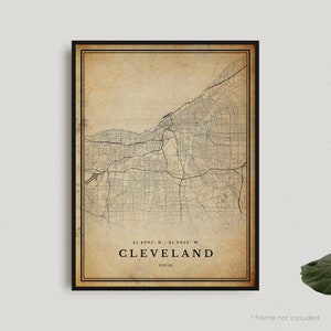 Impression de carte vintage de Cleveland, affiche de carte rétro de Cleveland, carte de style ancien, Ohio, oeuvre d'art murale de bureau, cadeau d'anniversaire de pendaison de crémaillère | VU48