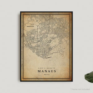 Impresión de mapa antiguo de Manaus, póster de mapa retro de Manaus, mapa de estilo antiguo, Brasil, arte de pared de oficina, regalo de cumpleaños de inauguración de la casa / VW180