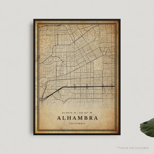 Stampa mappa vintage dell'Alhambra, poster mappa retrò dell'Alhambra, mappa in stile antico, California, decorazione da parete per ufficio, regalo di compleanno per inaugurazione della casa / VU372