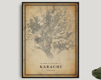 Karachi Vintage Map Print, Karachi Retro Map Poster, Antique Style Map, Pakistan, Office Wall Art, Housewarming Birthday Gift | VW121