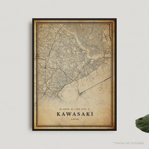 Impression de carte vintage Kawasaki, affiche de carte rétro Kawasaki, carte de style ancien, Japon, oeuvre d'art murale de bureau, cadeau d'anniversaire de pendaison de crémaillère | VW212