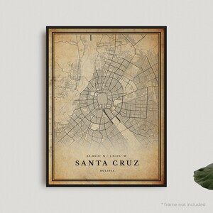 Impression de carte vintage de Santa Cruz, affiche de carte rétro de Santa Cruz, carte de style ancien, Bolivie, oeuvre d'art murale de bureau, cadeau d'anniversaire de pendaison de crémaillère | VW201
