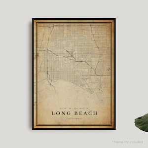 Long Beach Vintage Karte, Long Beach Retro Karte Poster, Karte im antiken Stil, Kalifornien, Büro Wand Kunst, Housewarming Geburtstagsgeschenk | VU36