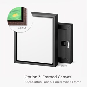May include: A framed canvas print with a black frame. The frame is made of poplar wood and the canvas is 100% cotton. The frame is available in two colors: walnut and black.