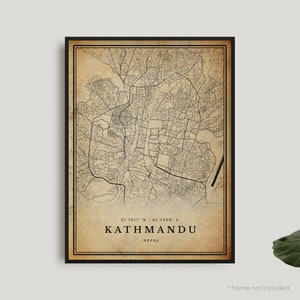 Impresión de mapa antiguo de Katmandú, póster de mapa retro de Katmandú, mapa de estilo antiguo, Nepal, arte de pared de oficina, regalo de cumpleaños de inauguración de la casa / VW448