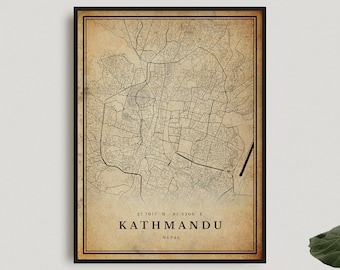 Kathmandu Vintage Karte Print, Kathmandu Retro Karte Poster, Landkarte im antiken Stil, Nepal, Büro Wand Kunst, Housewarming Geburtstagsgeschenk | VW448