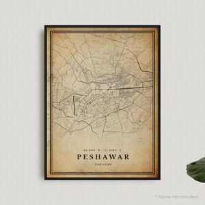 Impression de carte vintage de Peshawar, affiche de carte rétro de Peshawar, carte de style ancien, Pakistan, oeuvre d'art murale de bureau, cadeau d'anniversaire de pendaison de crémaillère | VW348