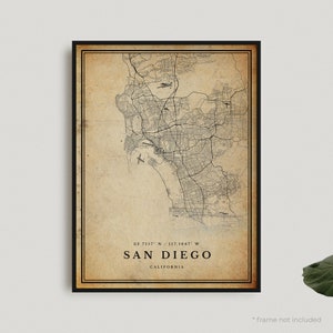 Impresión de mapa antiguo de San Diego, póster de mapa retro de San Diego, mapa de estilo antiguo, California, arte de pared de oficina, regalo de cumpleaños de inauguración de la casa / VU08