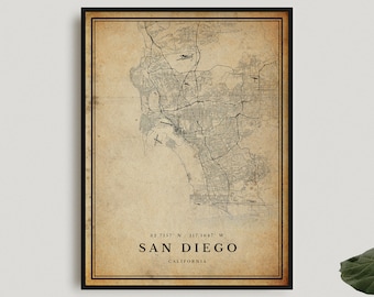 San Diego Vintage Map Print, San Diego Retro Map Poster, Antique Style Map, California, Office Wall Art, Housewarming Birthday Gift | VU08