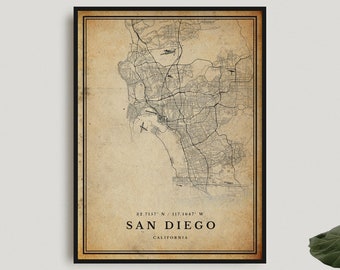 Stampa mappa vintage di San Diego, poster mappa retrò di San Diego, mappa in stile antico, California, arte murale per ufficio, regalo di compleanno per inaugurazione della casa / VU08