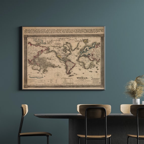 1850年の世界地図、メルカトル図法、19世紀のアンティーク世界地図、古