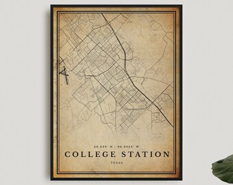 College Station Vintage Map Print, College Station Retro Map Poster, Antique Style Map, Texas, Office, Housewarming Birthday Gift | VU293