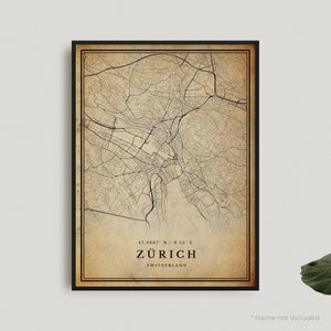 Impression de carte vintage de Zurich, affiche de carte rétro de Zurich, carte de style ancien, Suisse, art mural de bureau, cadeau d'anniversaire de pendaison de crémaillère | VW258