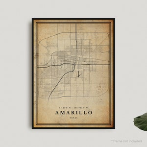 Impression de carte vintage Amarillo, affiche de carte rétro Amarillo, carte de Style ancien, Texas, art mural bureau, cadeau d'anniversaire de pendaison de crémaillère | VU120