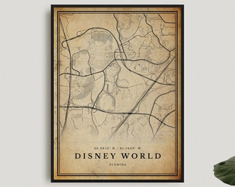Disneyworld Vintage Map Print, Disneyworld Retro Map Poster, Antique Style Map, Florida, Office Art, Housewarming Birthday Gift | VU501