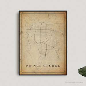 Impression de carte vintage Prince George, affiche de carte rétro Prince George, carte de Style ancien, Colombie-Britannique, cadeau d'anniversaire de pendaison de crémaillère | VW49