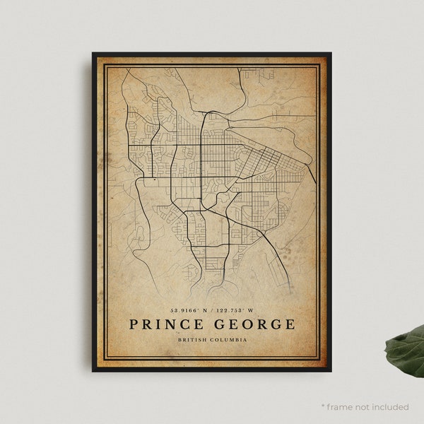 Prince George Vintage Map Print, Prince George Retro Map Poster, Antique Style Map, British Columbia, Housewarming Birthday Gift | VW49