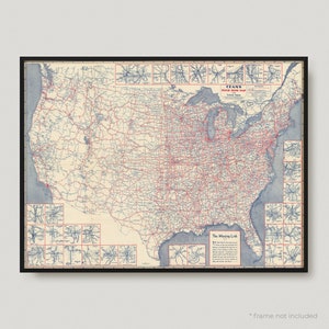 1930 Cram's Paved Road Map der Vereinigten Staaten, antike Landkarte der USA, alte Landkarte der USA, Vintage Landkarte der USA | MP93