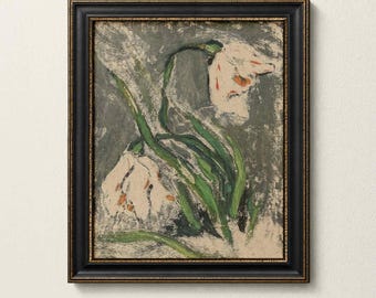 White Tulip Painting, Expressionist Floral Art Print, Vintage Botanical Wall Decor