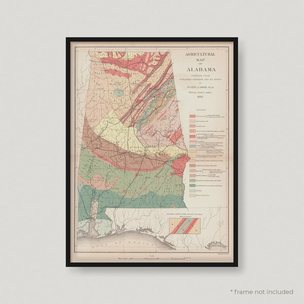1882 Agricultural Map Of Alabama, Historical Map of Alabama, Antique map of Alabama, Old Map of Alabama, Vintage Alabama Map | MP265