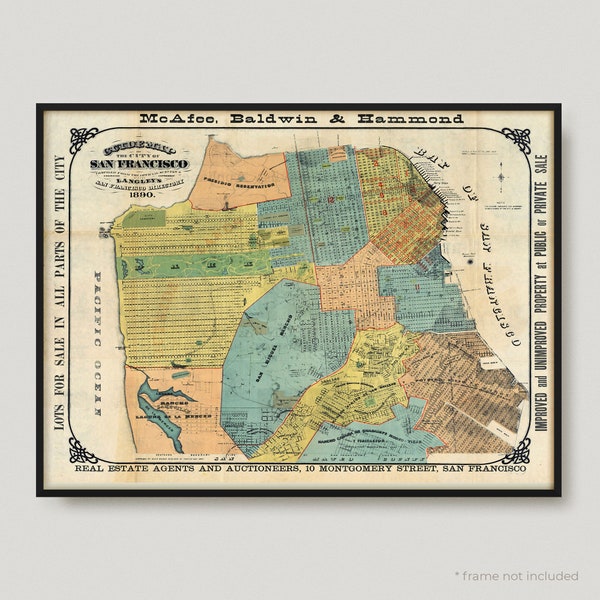 1890 San Francisco, Antique Map of San Francisco, Old Historical Map of San Francisco, San Francisco City Map | MP215