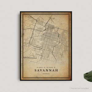 Impression de carte vintage de la savane, affiche de carte rétro de la savane, carte de Style ancien, Géorgie, art mural bureau, cadeau d'anniversaire de pendaison de crémaillère | VU180
