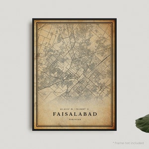 Faisalabad Vintage Map Print, Faisalabad Retro Map Poster, Antique Style Map, Pakistan, Office Wall Art, Housewarming Birthday Gift | VW297+
