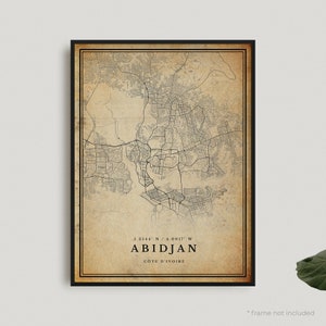 Impression de carte vintage d'Abidjan, affiche de carte rétro d'Abidjan, carte de style ancien, Côte d'Ivoire, oeuvre d'art murale de bureau, cadeau d'anniversaire de pendaison de crémaillère | VW159