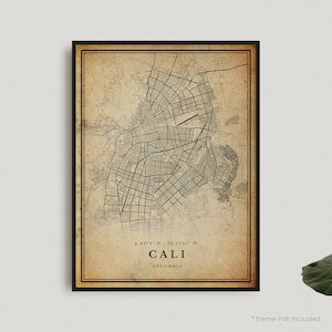 Impression de carte vintage de Cali, affiche de carte rétro de Cali, carte de style ancien, Colombie, oeuvre d'art murale de bureau, cadeau d'anniversaire de pendaison de crémaillère | VW316
