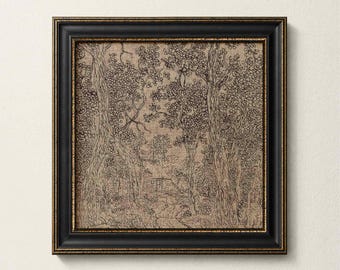 Vintage Forest Drawing Print, Woodland Cottage Illustration, Antique Nature Wall Art