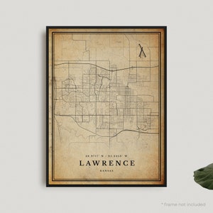 Impression de carte vintage Lawrence, affiche de carte rétro Lawrence, carte de Style ancien, Kansas, art mural bureau, cadeau d'anniversaire de pendaison de crémaillère | VU338